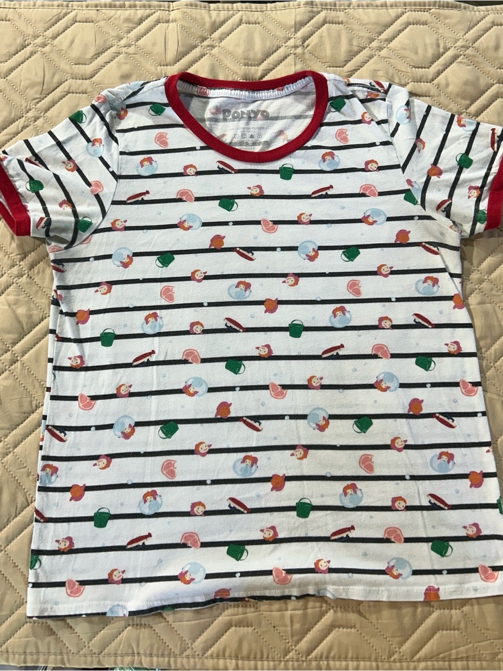 Ponyo White Striped Tee with Red Trim and Multicolor Icons